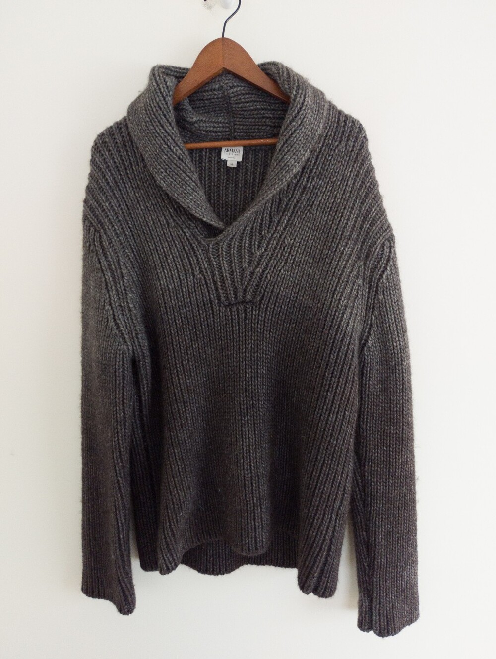 ARMANI COLLEZIONI Thick Ribbed Shawl Collar Alpaca Wool Blend Sweater Grey XL